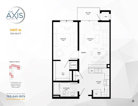 1 bedroom 1 bath Floorplan B Floorplan at The Axis